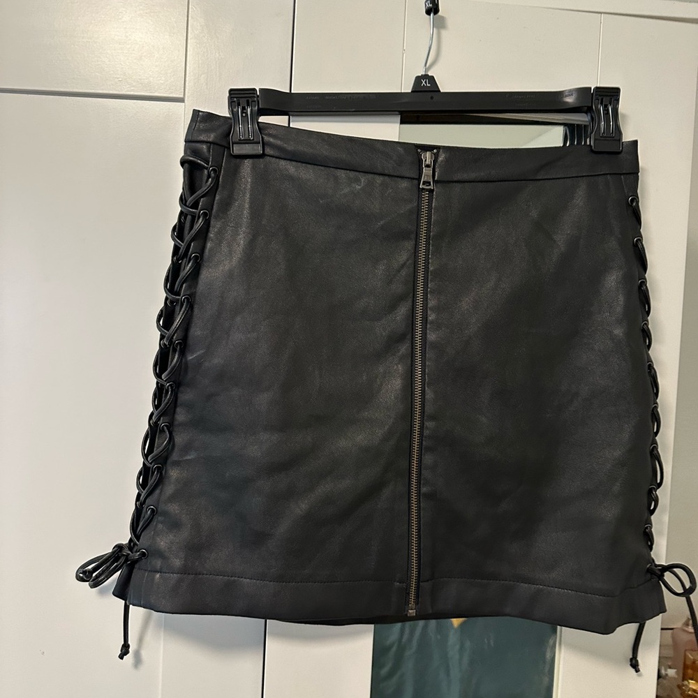 BCBGMaxAzria Black Leather Skirt with Lace-Up Sides